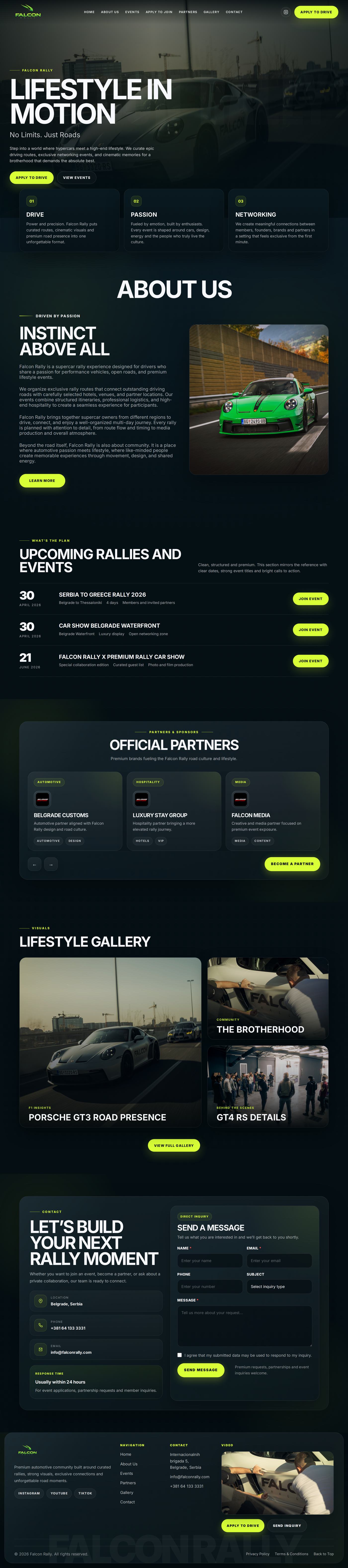 Falcon Rally homepage, full page